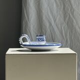 Petit bougeoir à main fait main blanc à motif de frise géométrique bleue H7