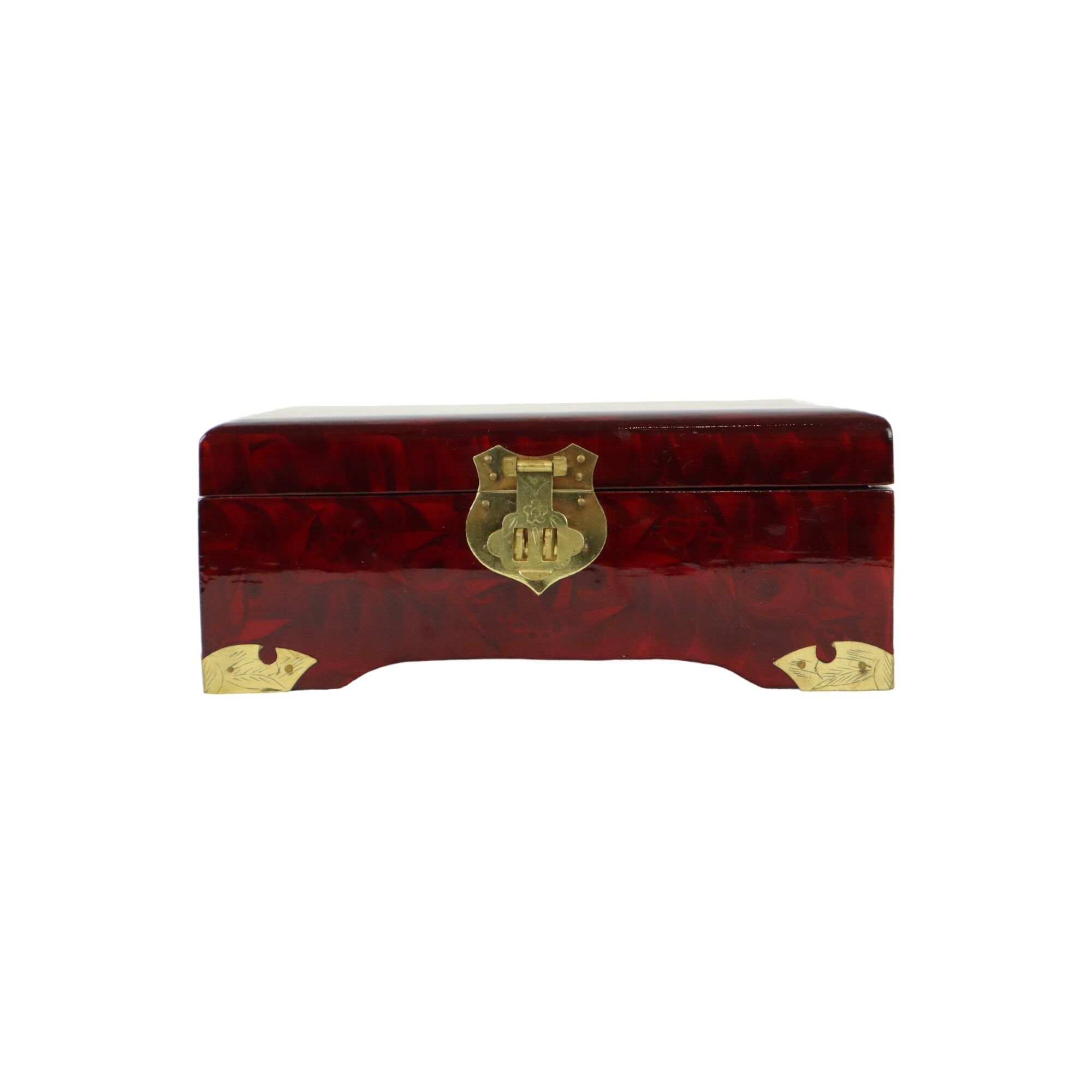 Vintage chinese wooden jewelery box jewelery red lining copper 20cm