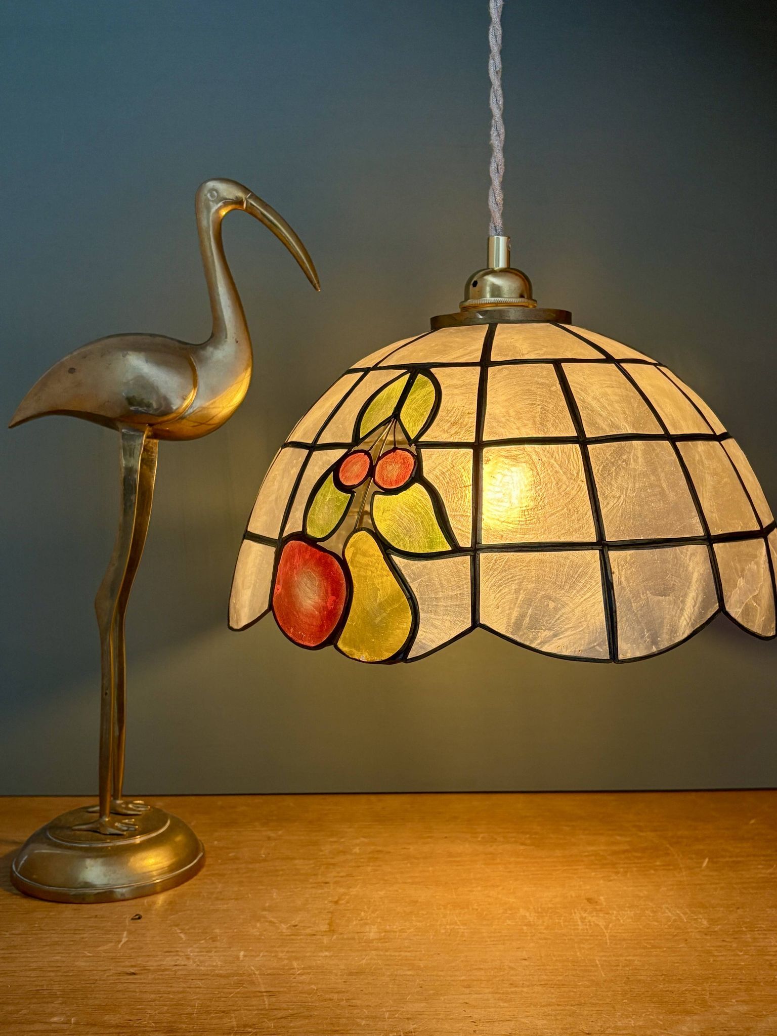 Vintage mother-of-pearl and brass pendant lampshade with fruit decorations