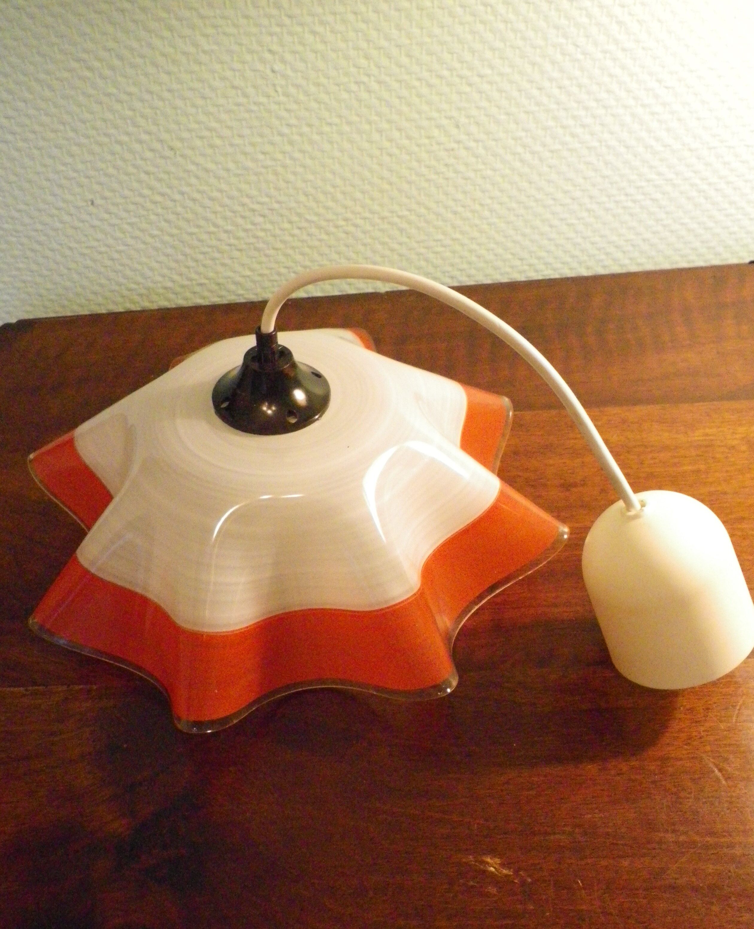 Berlingot pendant lamp from the 60s, white, orange and transparent glass