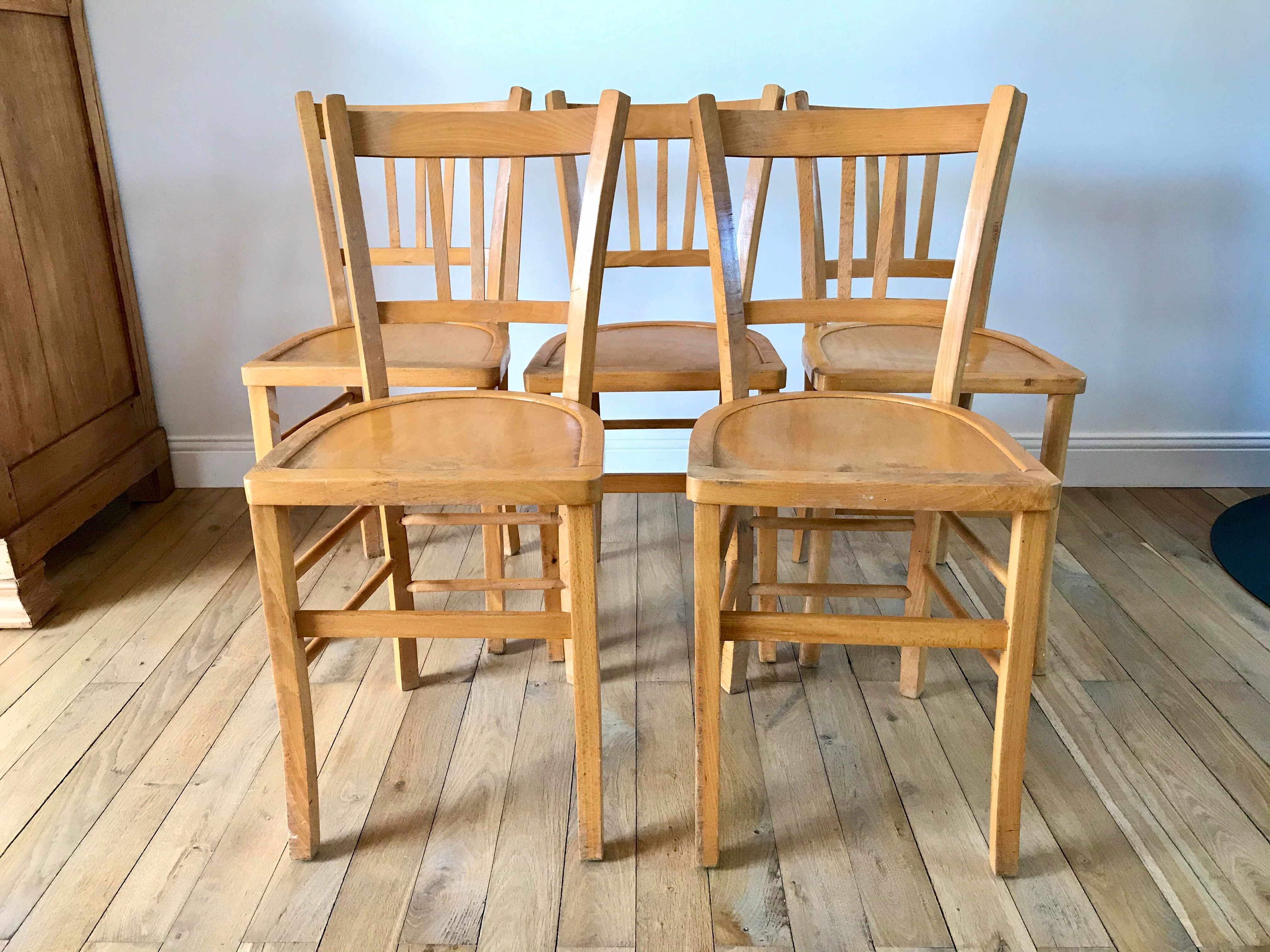 Set of 5 Luterma light blond wood bistro chairs from the 50s