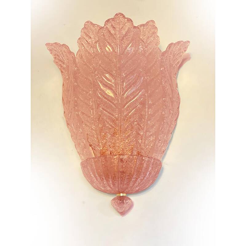 Contemporary Pink Murano Glass Leaf Wall Sconces - a Pair