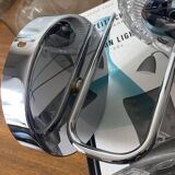 Swan neck wall light in stainless steel, thick glass shade, stainless steel rose.