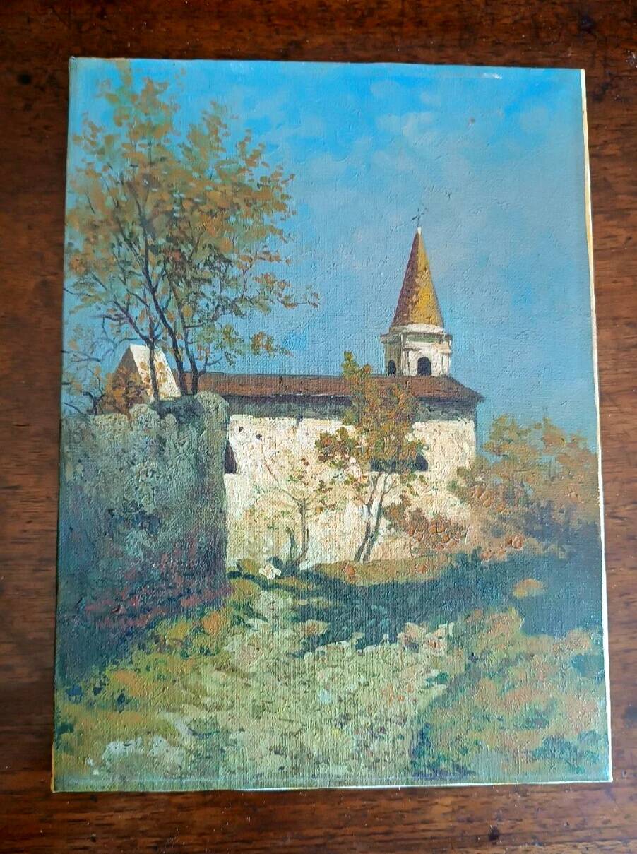 Oil painting on canvas depicting a glimpse of a church - 20th century