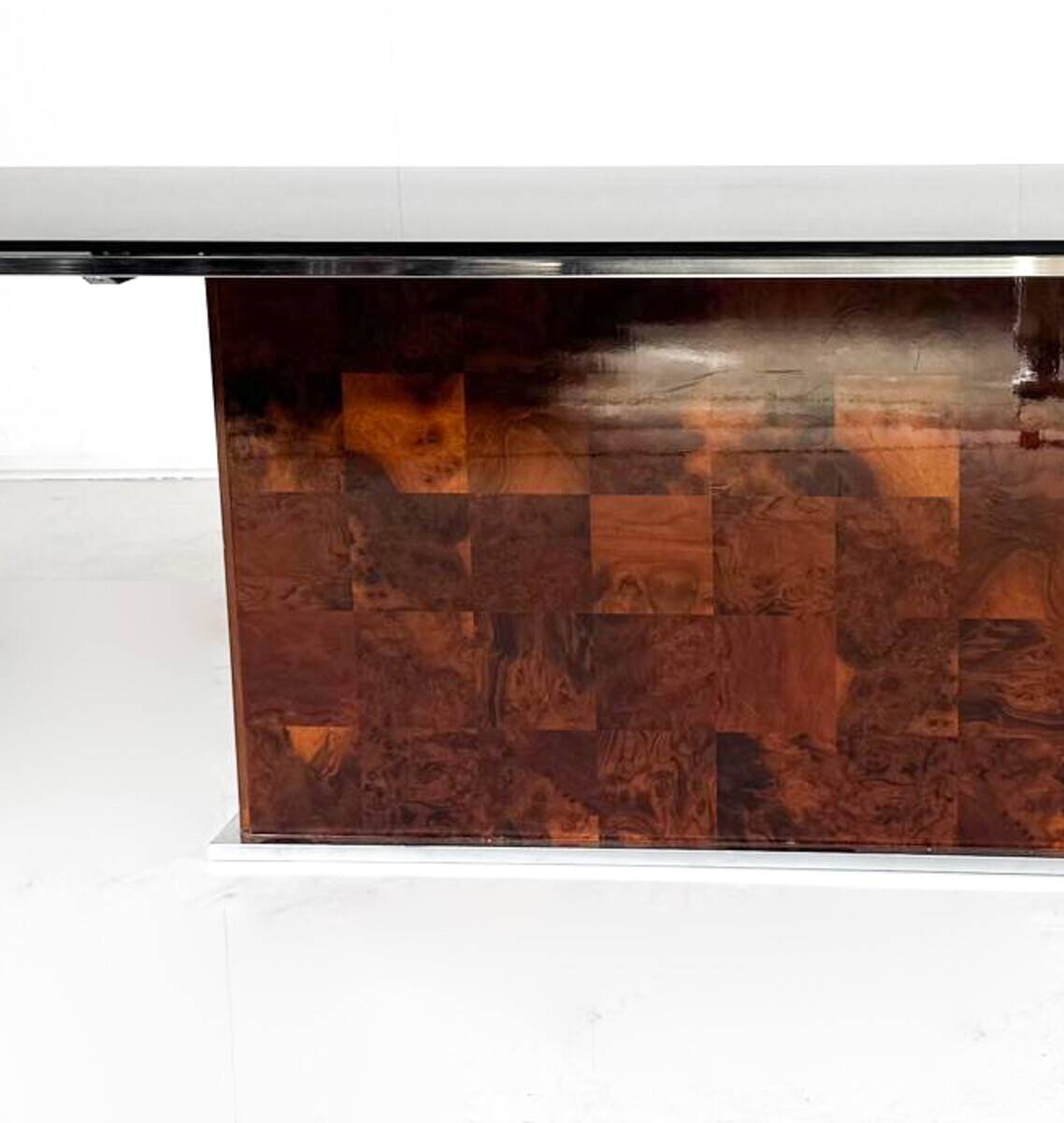Dining Table by Romeo Rega for Mario Sabot, Burl Wood and Glass, 1970s
