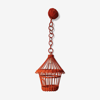 Lampe suspension cage à oiseaux rotin orange vintage