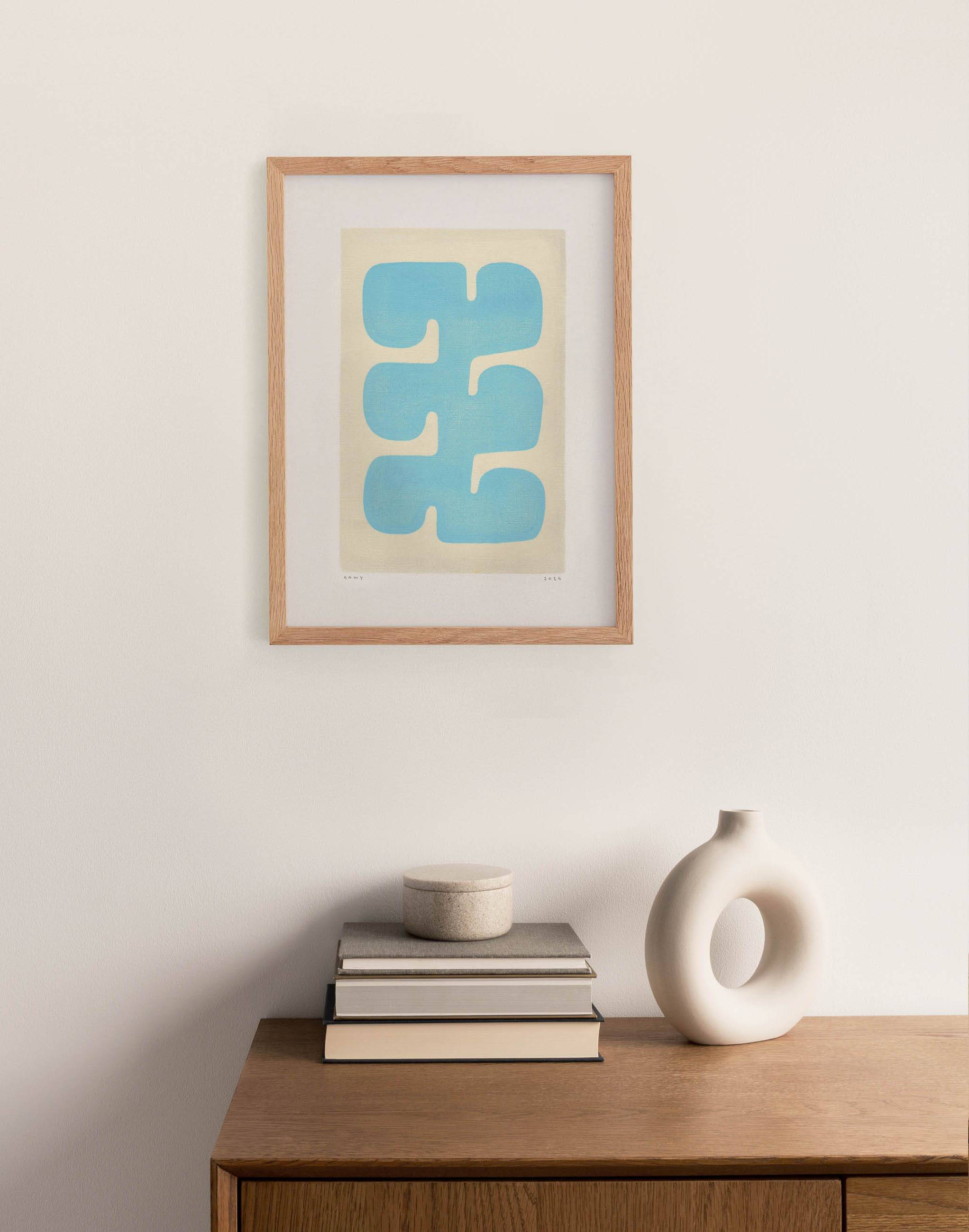 Abstract painting 30x40cm framed "era" light blue signed Eawy