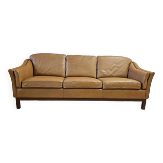 Danish vintage 3 seater tan leather sofa 1960s