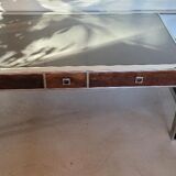 COFFEE TABLE STAINLESS STEEL, LEATHER AND WOOD. House Saulaie. Art Deco style