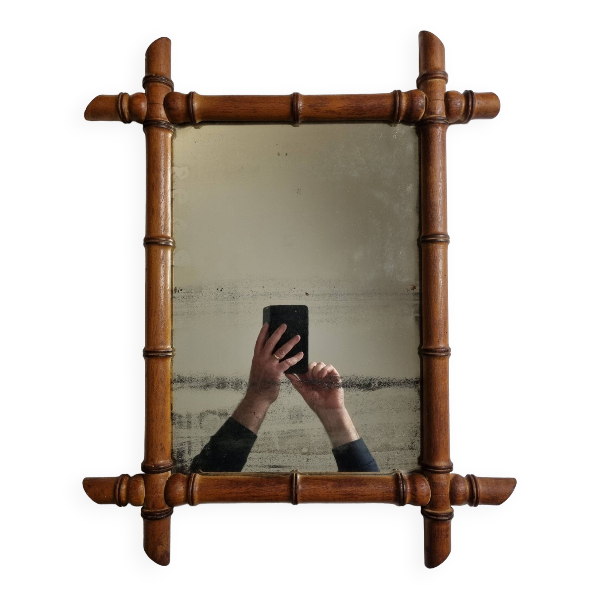 Turned wooden mirror in imitation of bamboo, mid-century, 47 cm x 59 cm