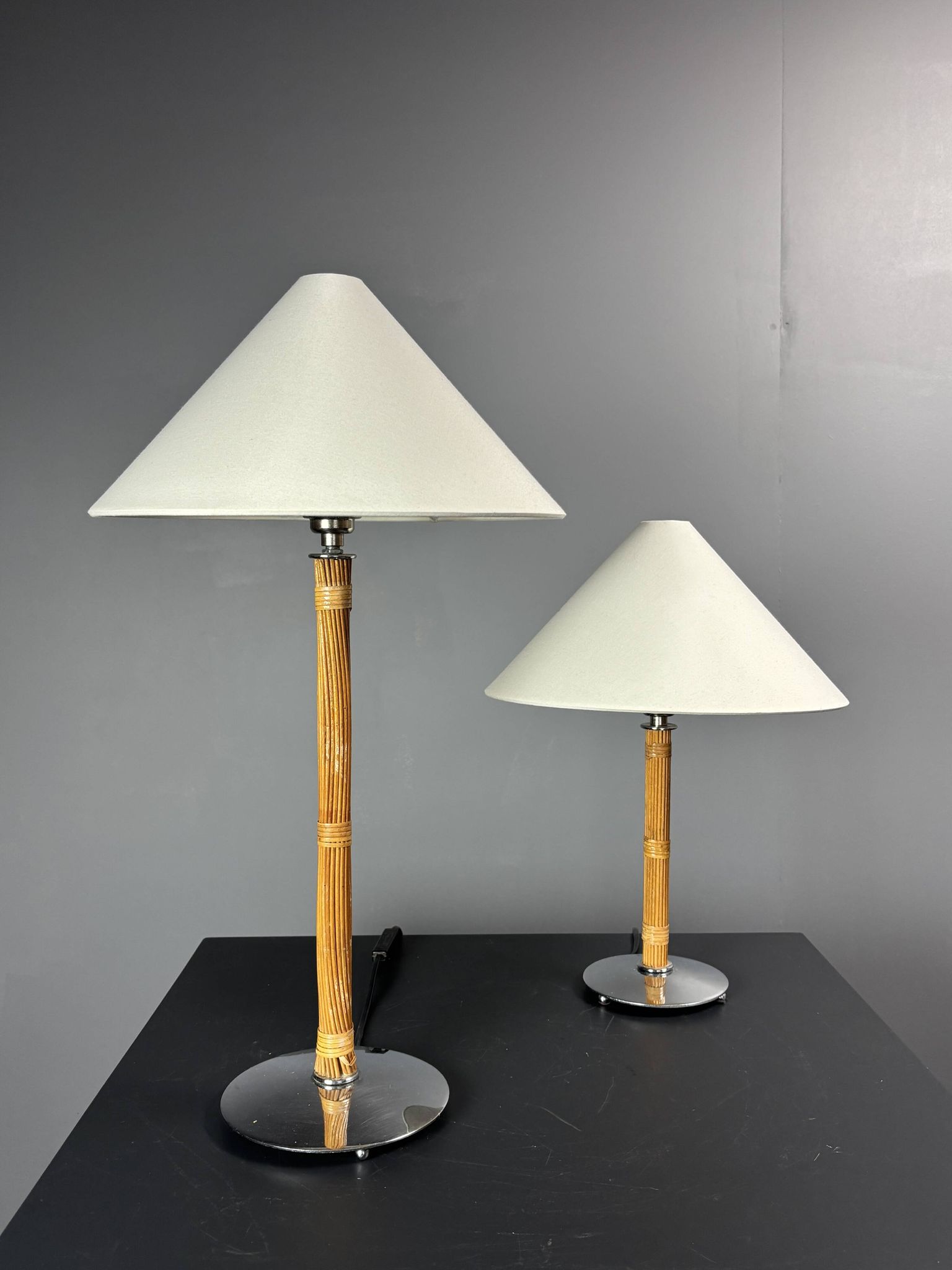 Set of 2 pencil reed rattan bamboo and chrome table lamps, 1980s