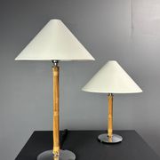 Set of 2 pencil reed rattan bamboo and chrome table lamps, 1980s