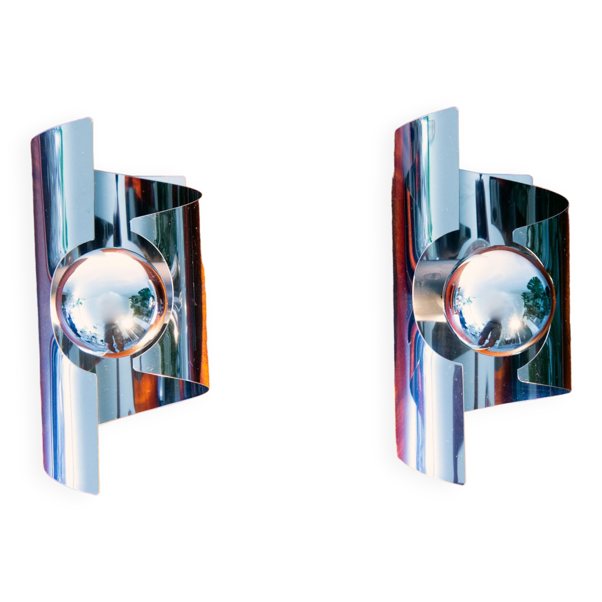Pair of twisted wall lamps, chromed steel, year 70
