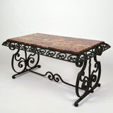 Coffee table in marble and wrought iron, circa 1940