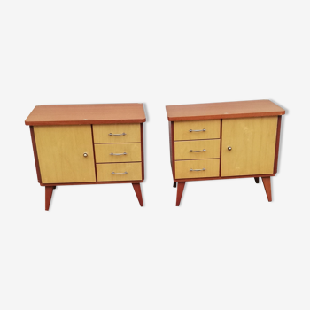 Pair of vintage bedside tables 3 drawers 1 door