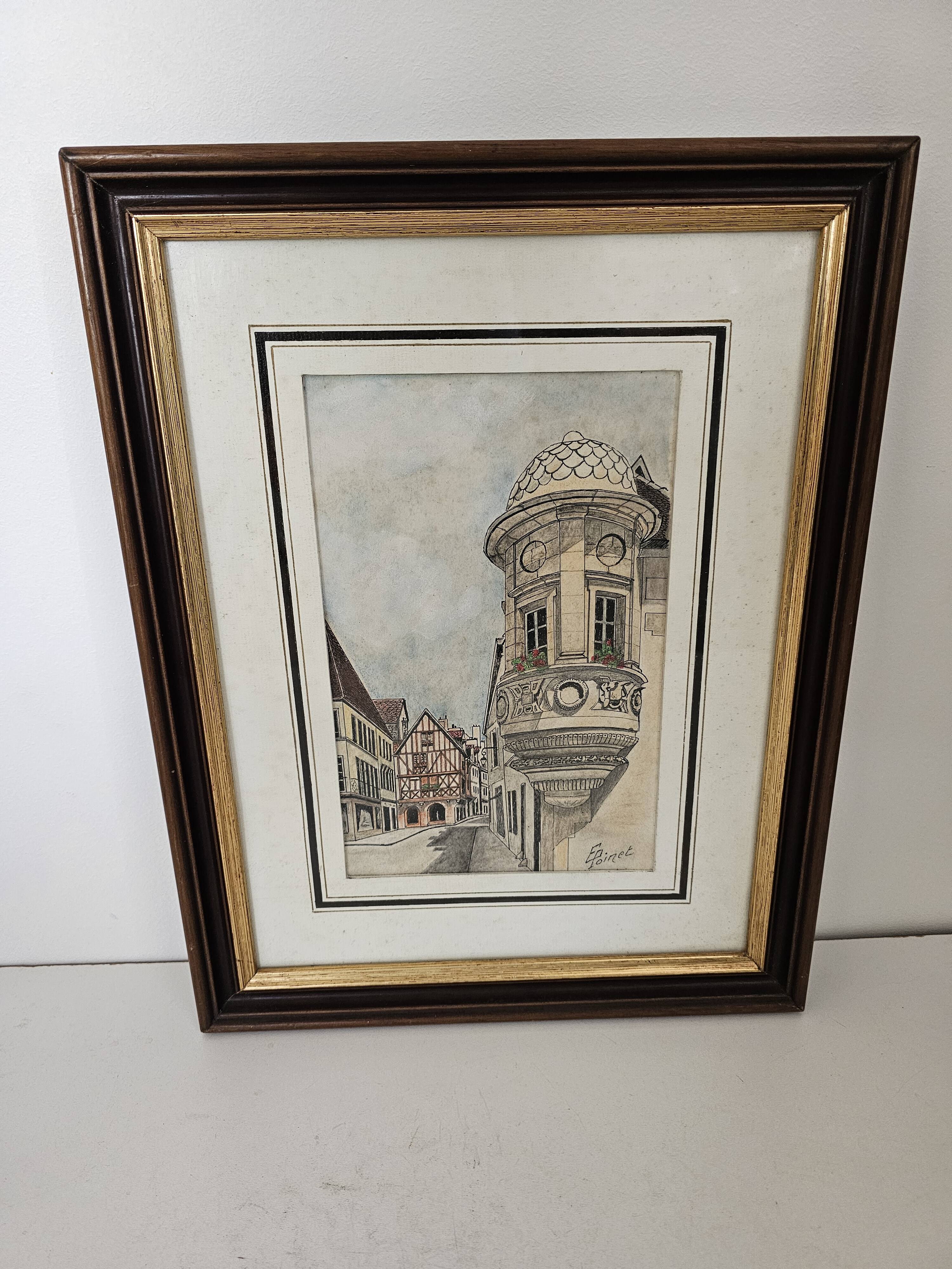 Tableau Encre de chine & pastel - Dijon Place des ducs - E Poinet