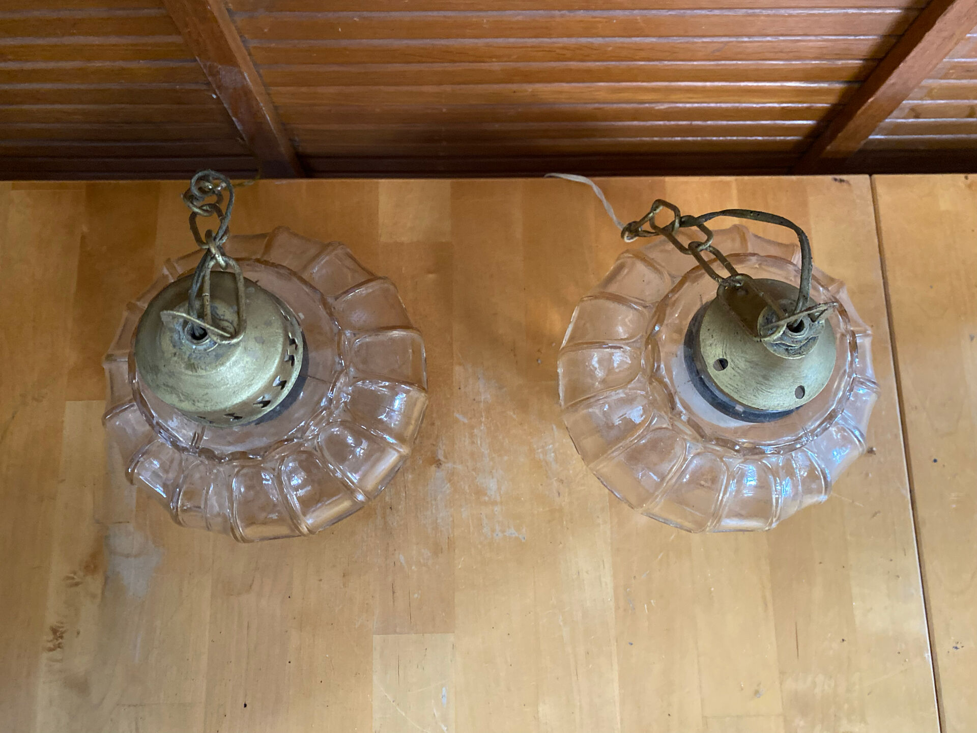 Pair of Vintage Suspension Lights with Iridescent Moulded Glass + Gold Metal