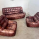 Ensemble canapé et 2 fauteuils vintage en cuir camel patchwork design années 70