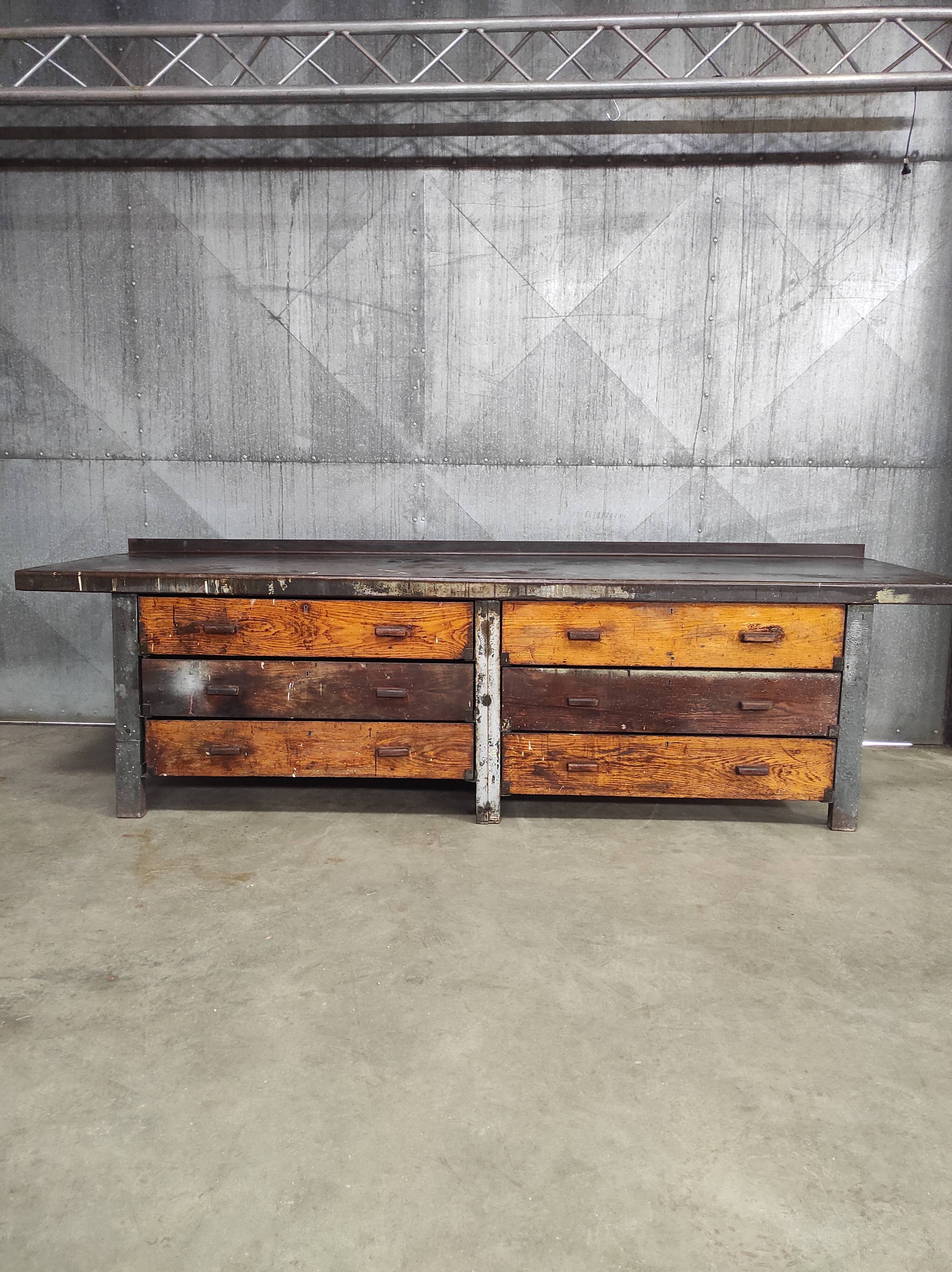 Industrial workbench 3 meters | Heavy duty steel & wood drawers