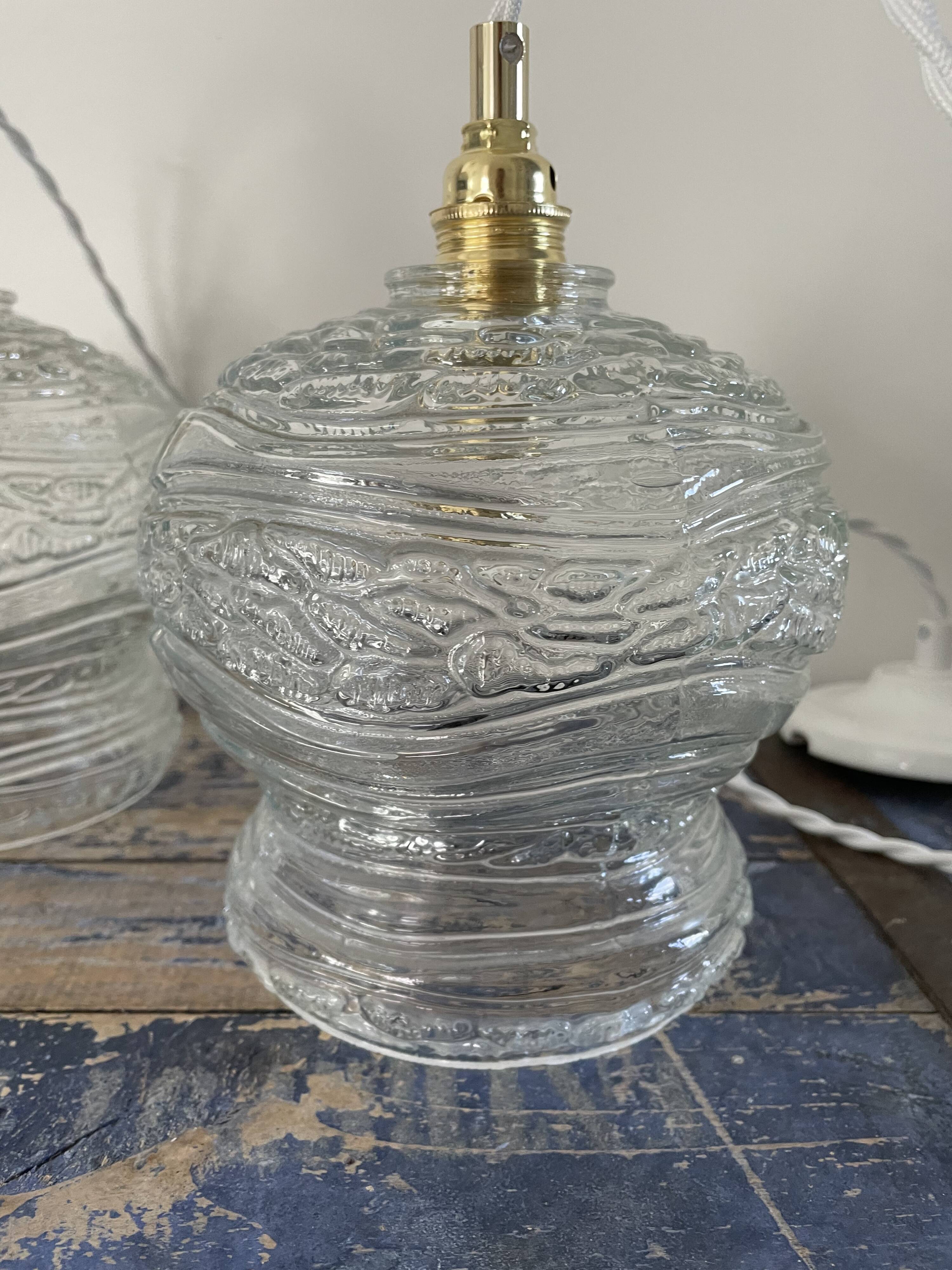 Set of two vintage electrified glass pendant lamps
