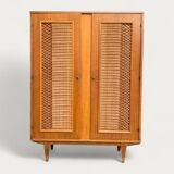 Rattan wardrobe and its compass-legged chest of drawers, 1960