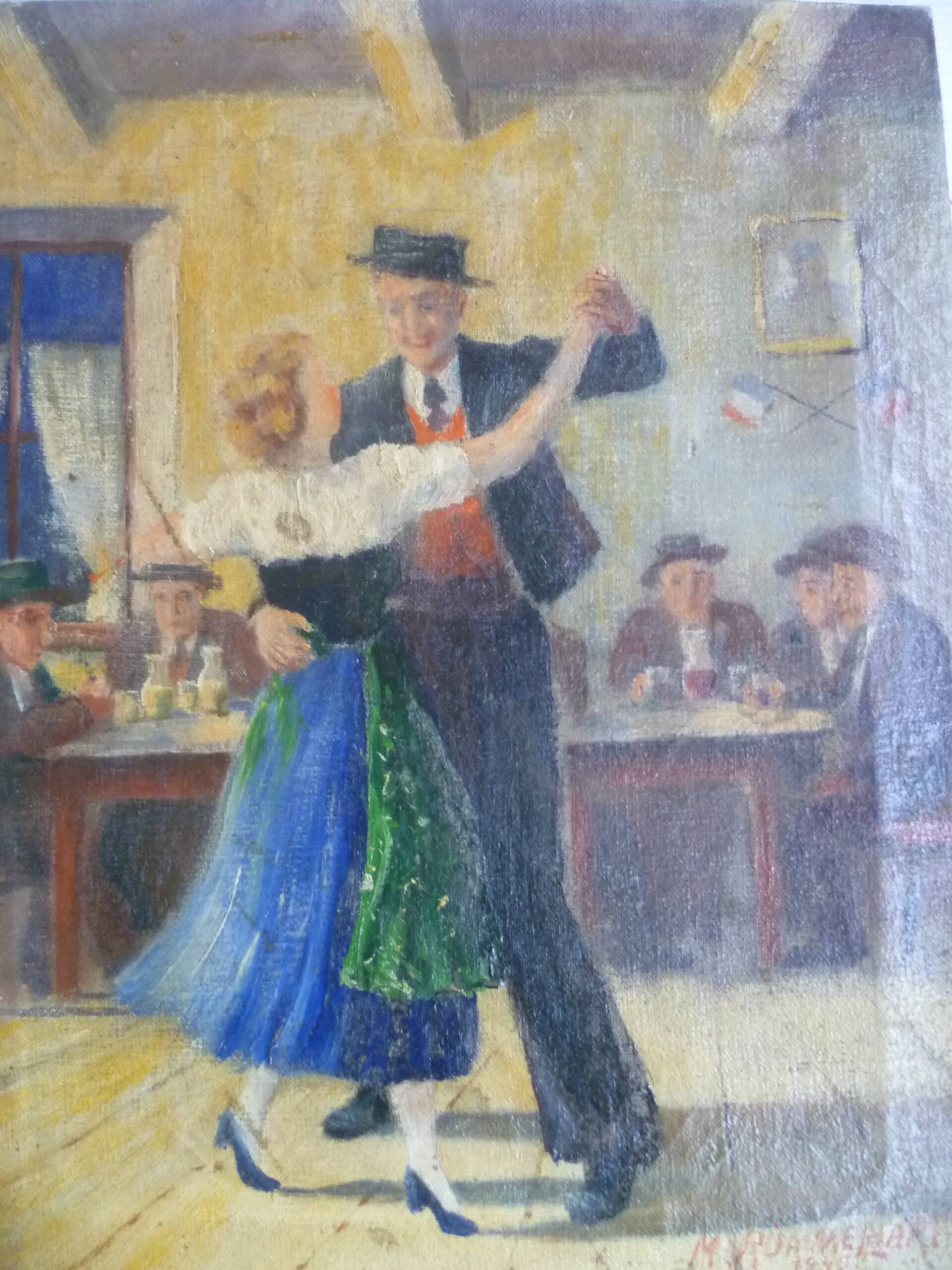 HS PAINTING/CANVAS GENRE SCENE "DANCING COUPLE" signed M.RUMMELHART 1949