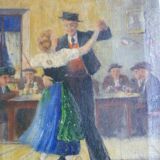 HS PAINTING/CANVAS GENRE SCENE "DANCING COUPLE" signed M.RUMMELHART 1949