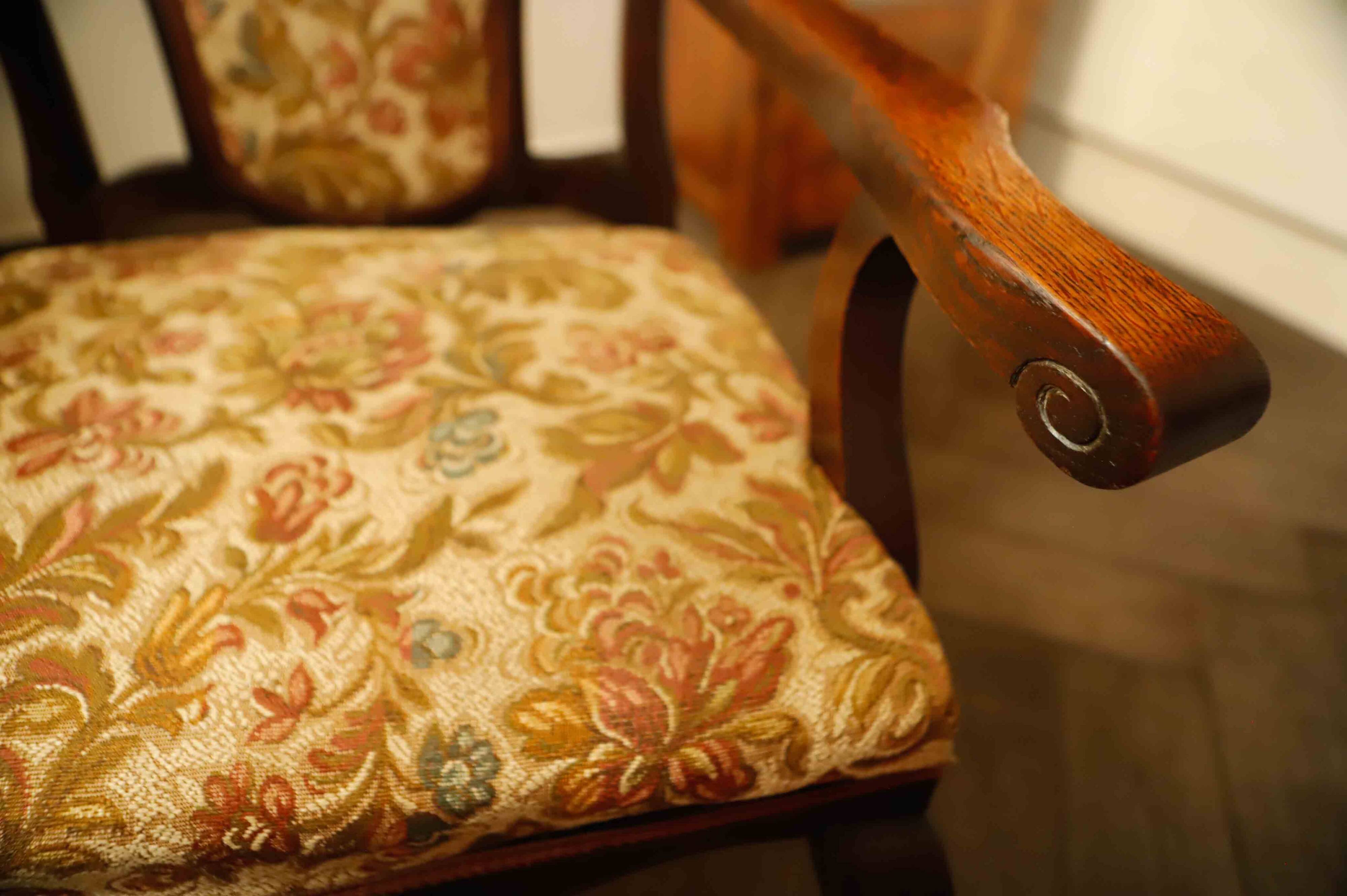 Antique Queen Anne Revival Carver Armchair with Floral Tapestry Upholstery