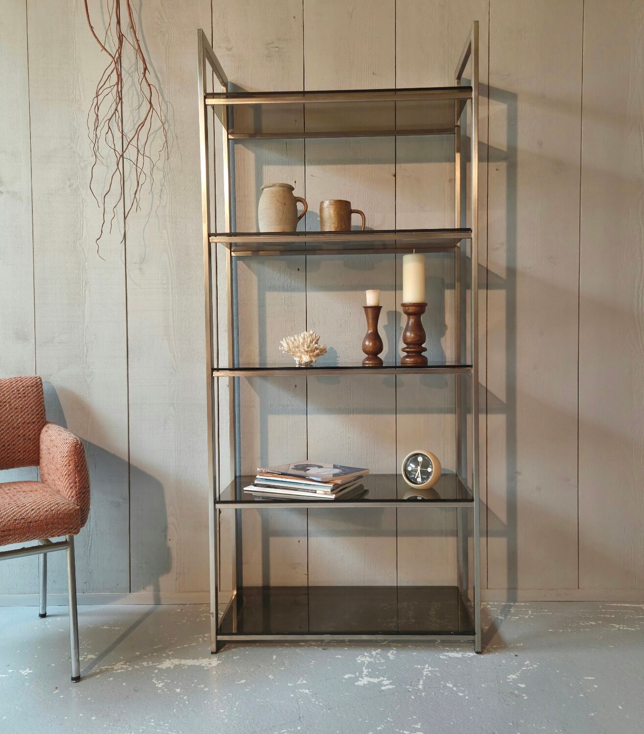 Stainless steel and smoked glass shelf