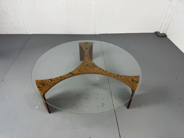 Table basse ronde en wengé et verre de style moderniste du milieu du siècle, années 1970