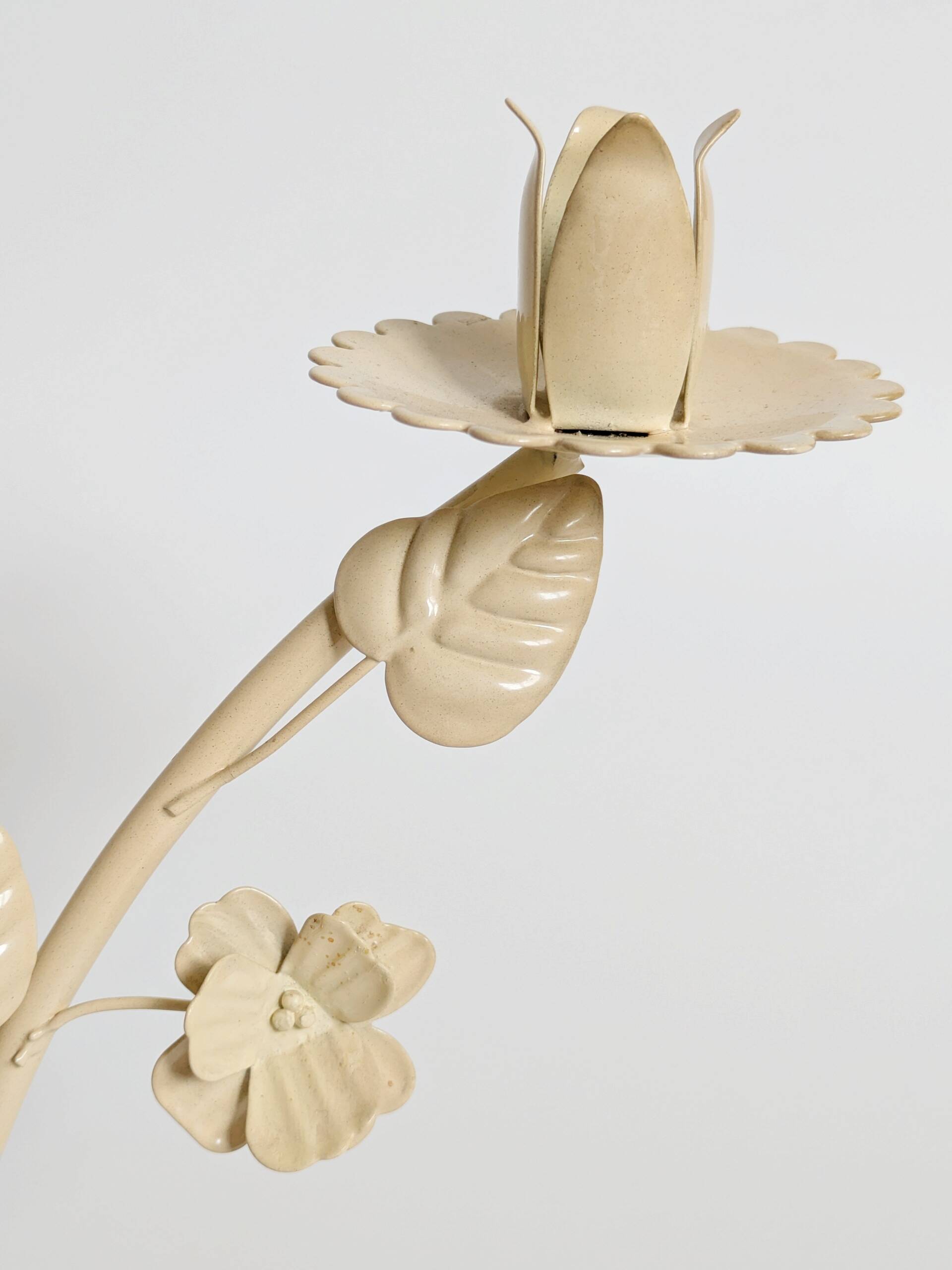 Vintage Italian white painted cast iron candlestick, floral motif, 1970s