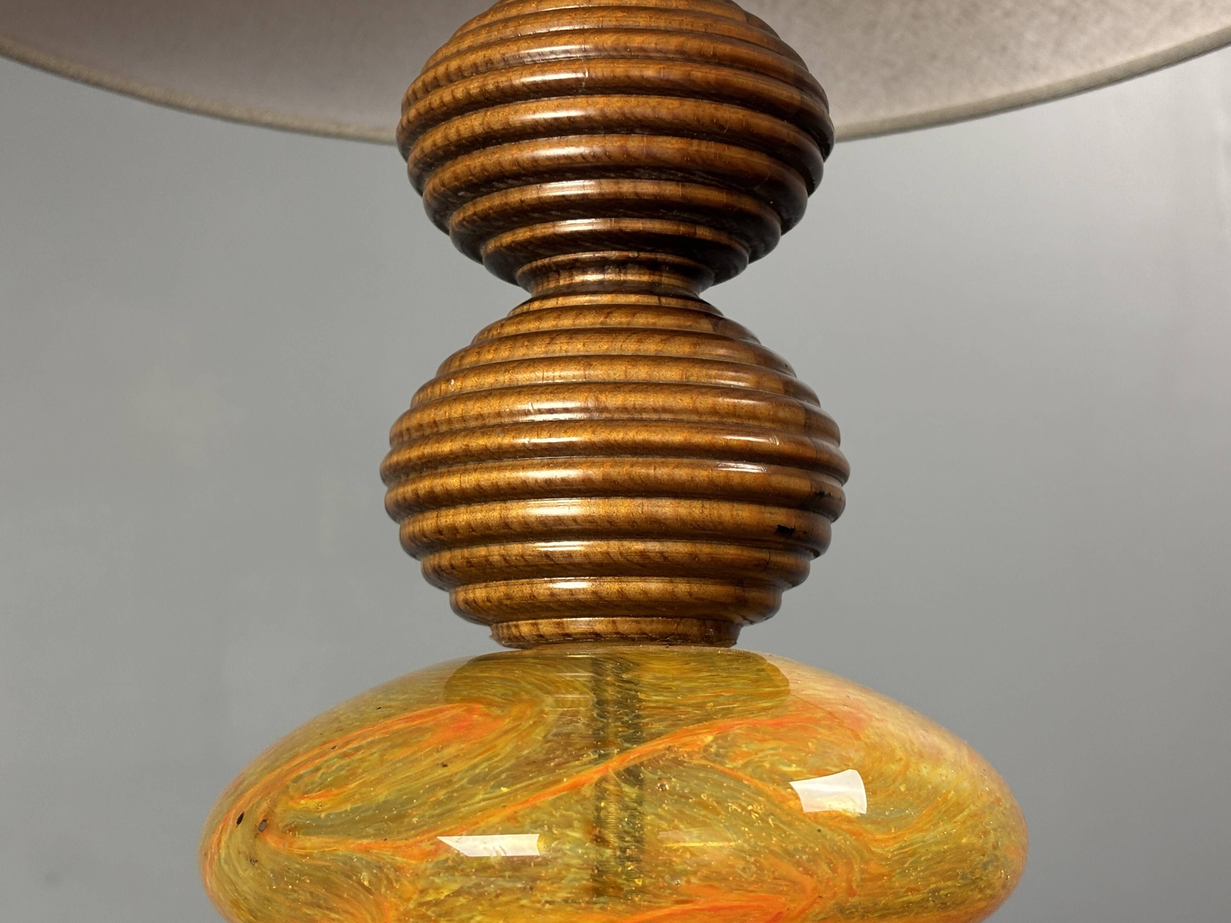 Midcentury wood turned adjustable table lamp with glass sphere, 1970s