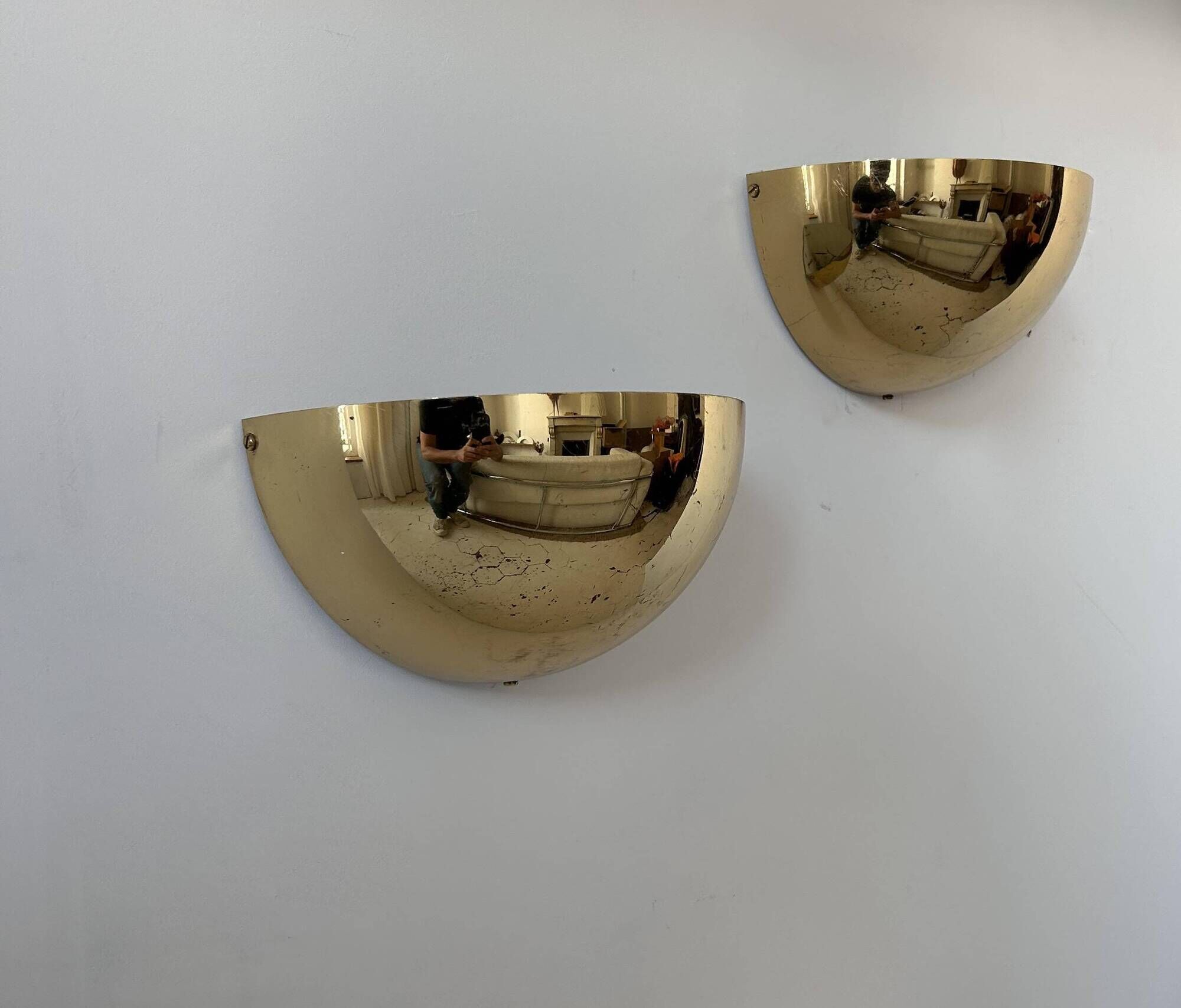 Pair of vintage half moon wall lights, brass, France 1970