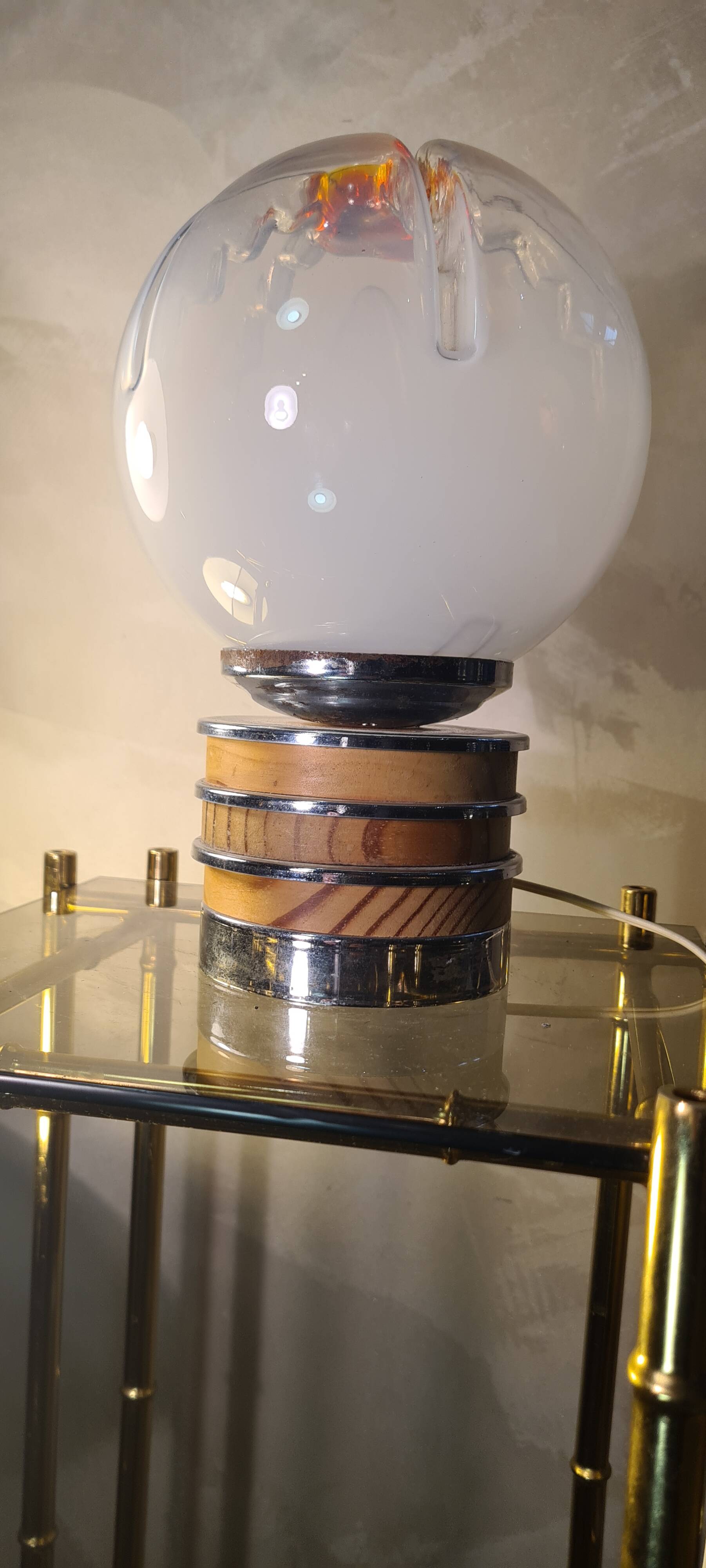 Vintage Murano glass lamp Mazzega, 22x15, chrome and wood Italy 1970