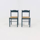 Set of 2 Stained Wood and Rush Dining Chairs 1960s