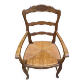 Vintage BAUMANN armchair, carved solid wood and straw, 1960.