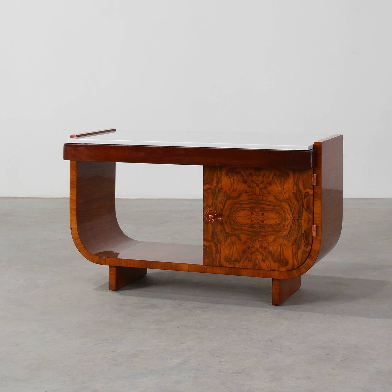 Belgian Art Deco Cabinet in Burl Veneer with Marble and Glass, circa 1930