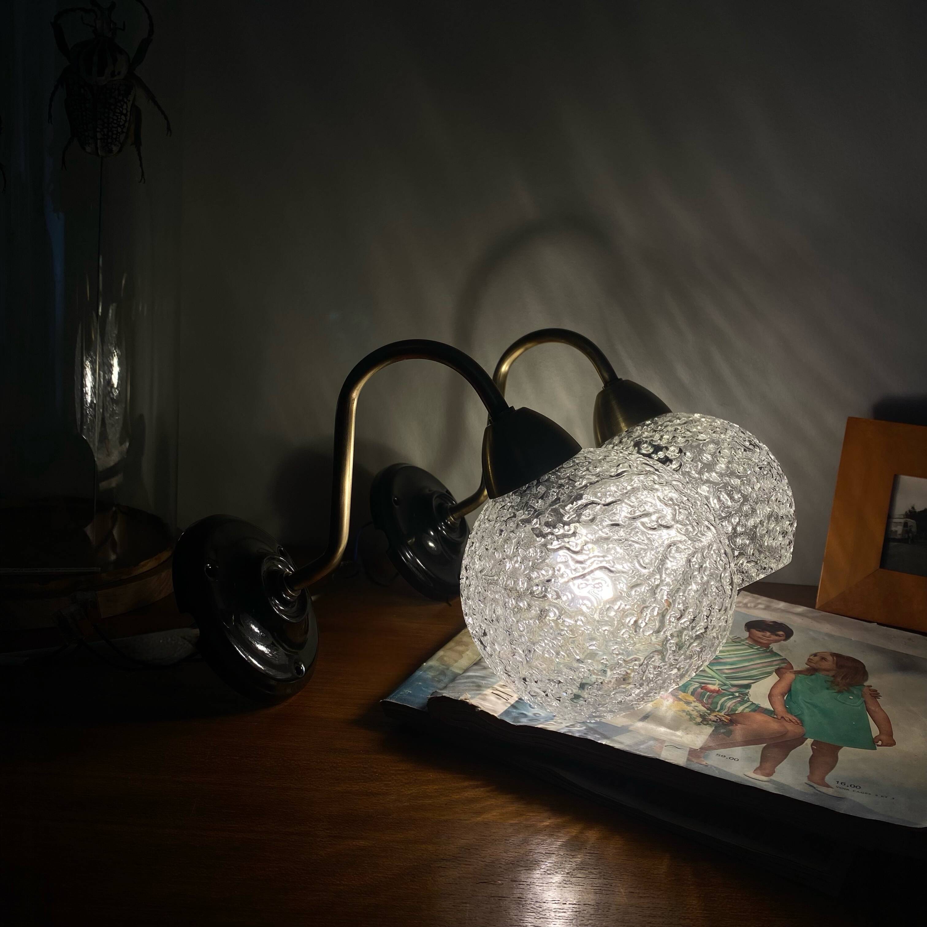 Vintage swan neck wall lights brass bubble glass porcelain