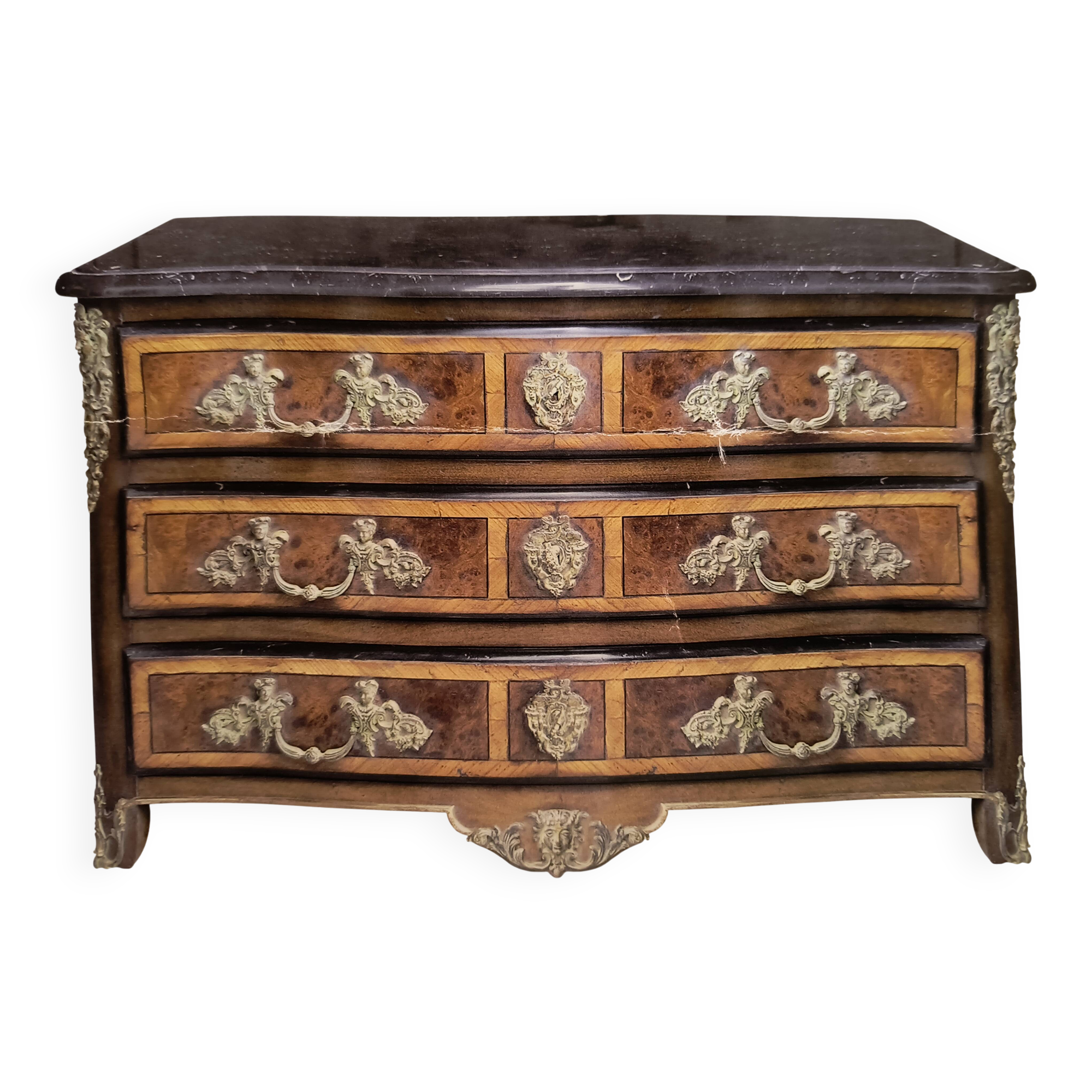 "Louis XIV" style commode with green Alpine marble and walnut burl.