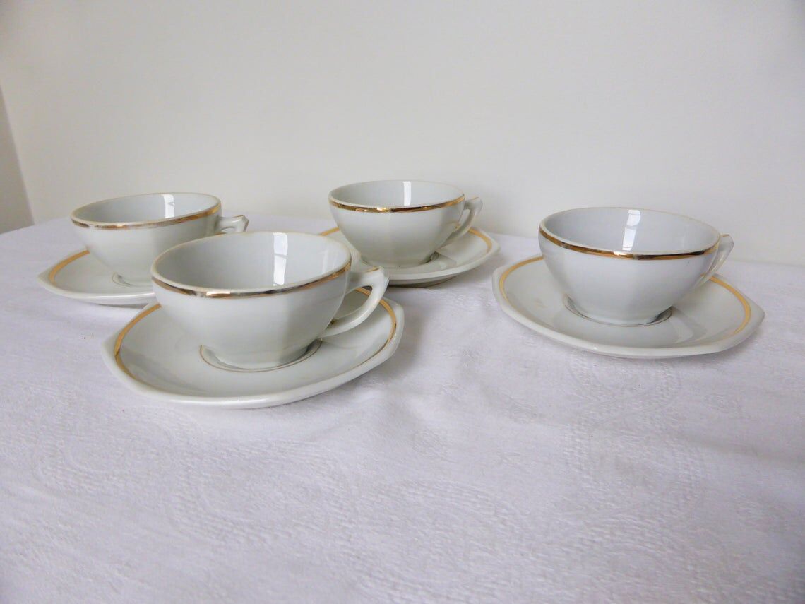 Set of 4 bistro coffee cups with gold rim