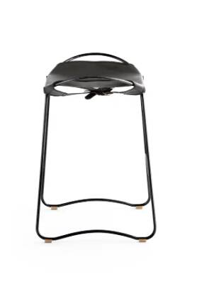 Tabouret de bar contemporain, métal argenté vieux et cuir noir