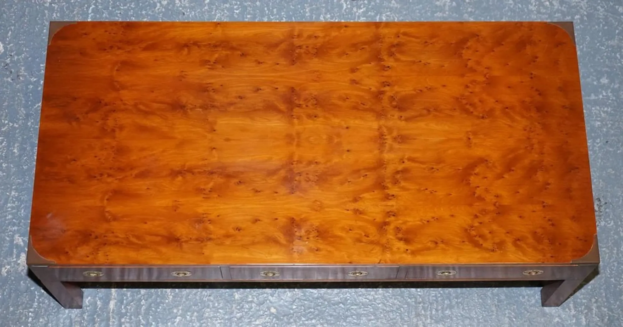 Coffee Table with 3 Drawers Military Campaign in Yew Wood, Elm and Brass, 1950s