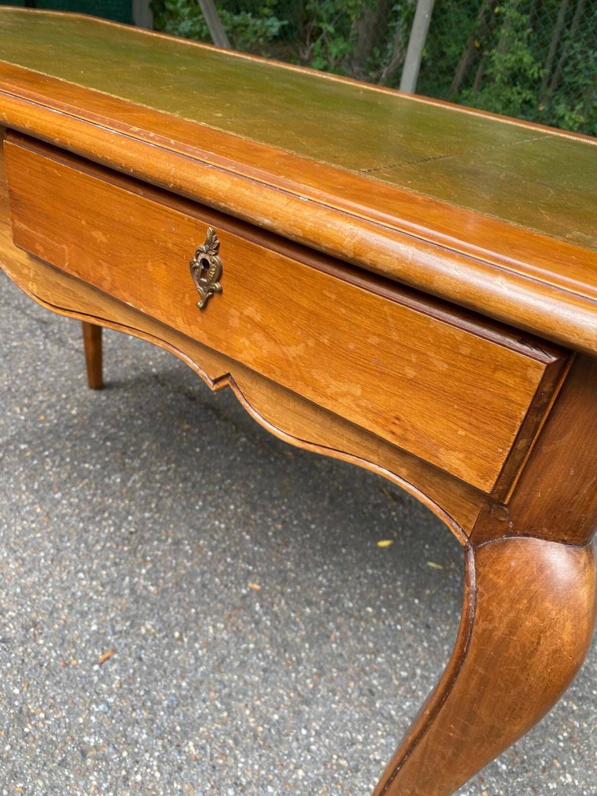 Louis XV style flat desk in solid cherry wood with pull-out extensions and leather top 19