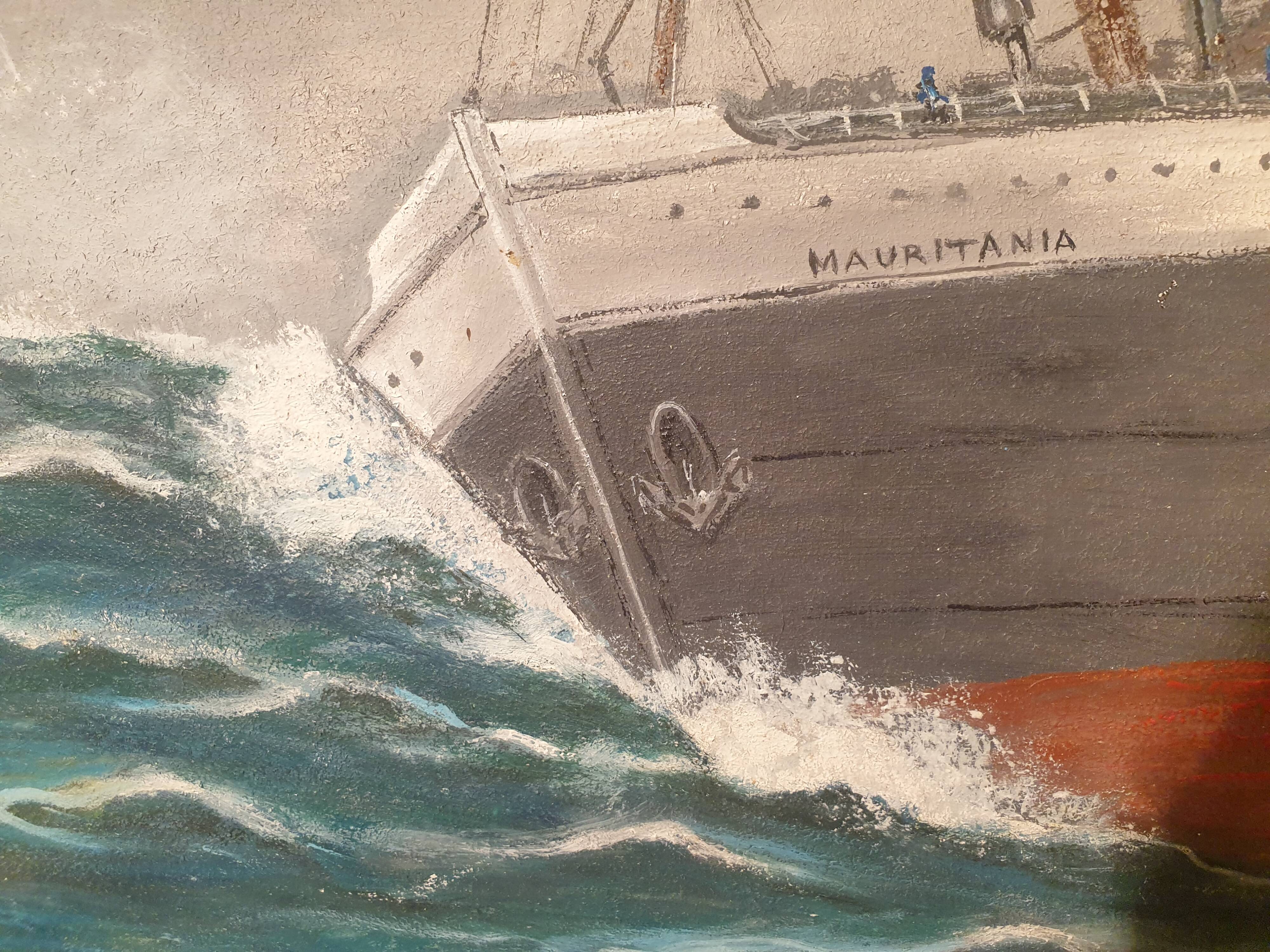 Grand tableau Huile sur isorel Paquebot Mauritania signé E Joubert