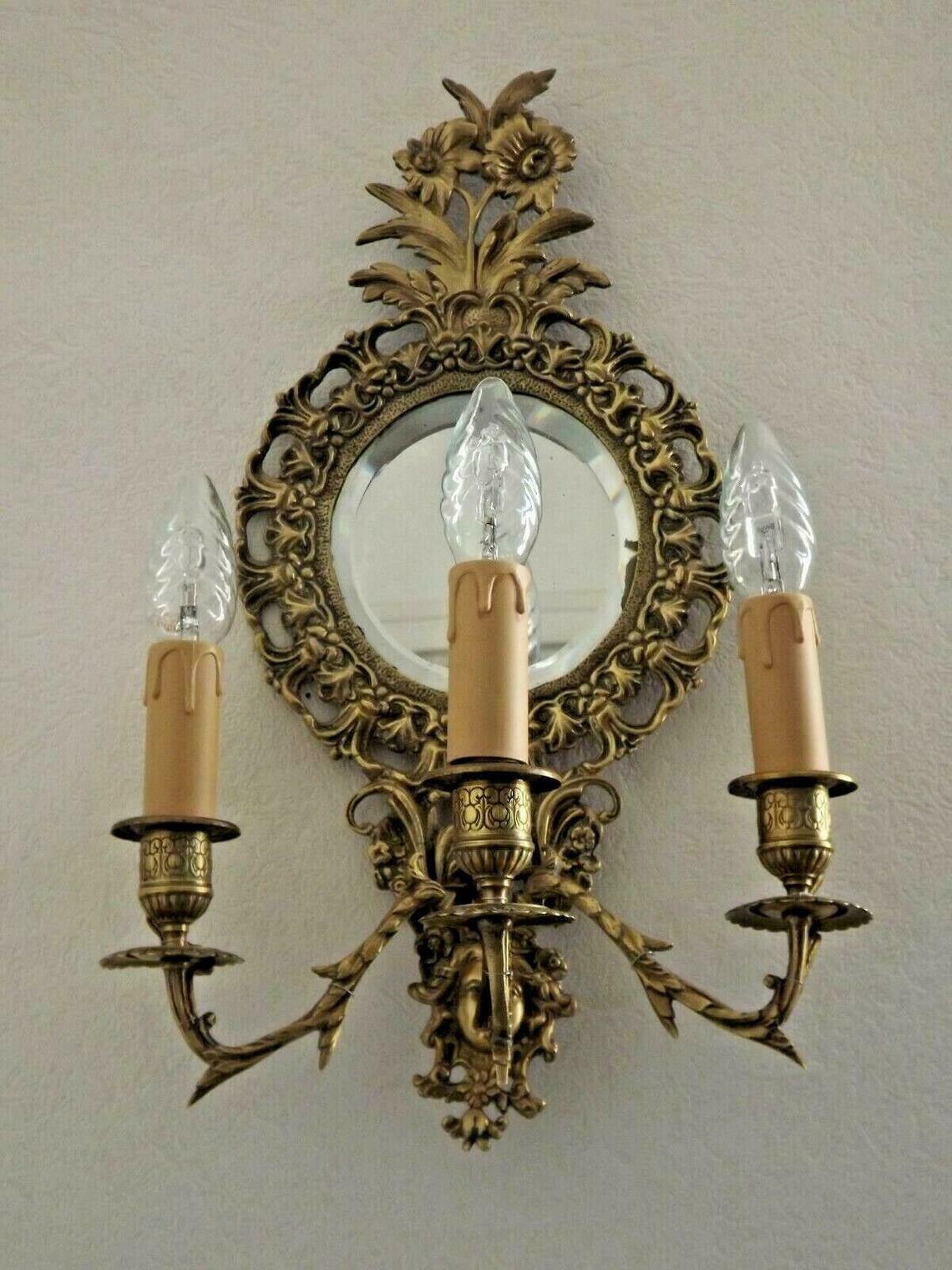 french antique Louis XlV bronze beveled mirror with 3 lights
