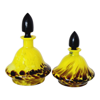 2 flacons art déco en verre jaune et marron Franz Welz