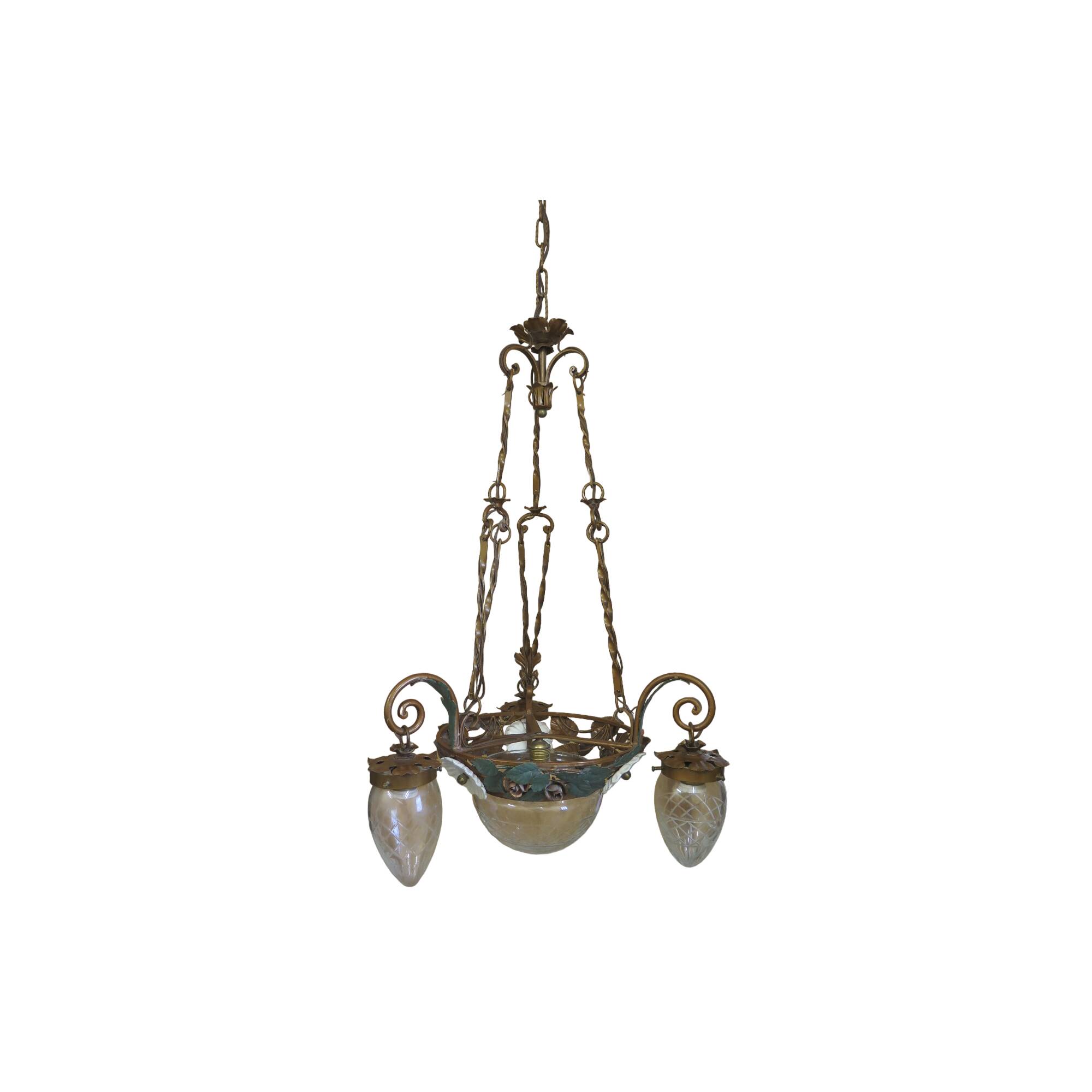 Chandelier wrought iron chandelier three bulbs with leaf flowers and glass lampshades