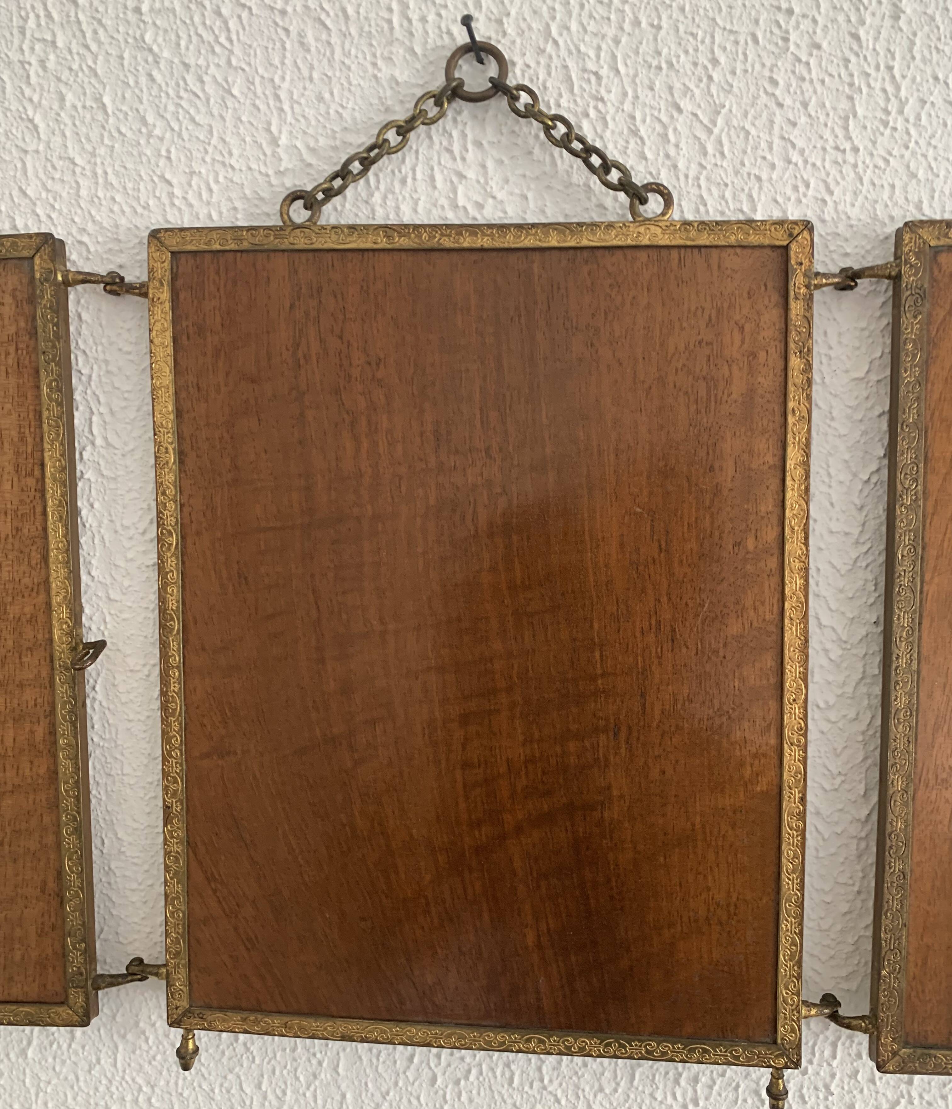 Vintage mirror 1900 barber triptych brass and wood - 29 x 70 cm