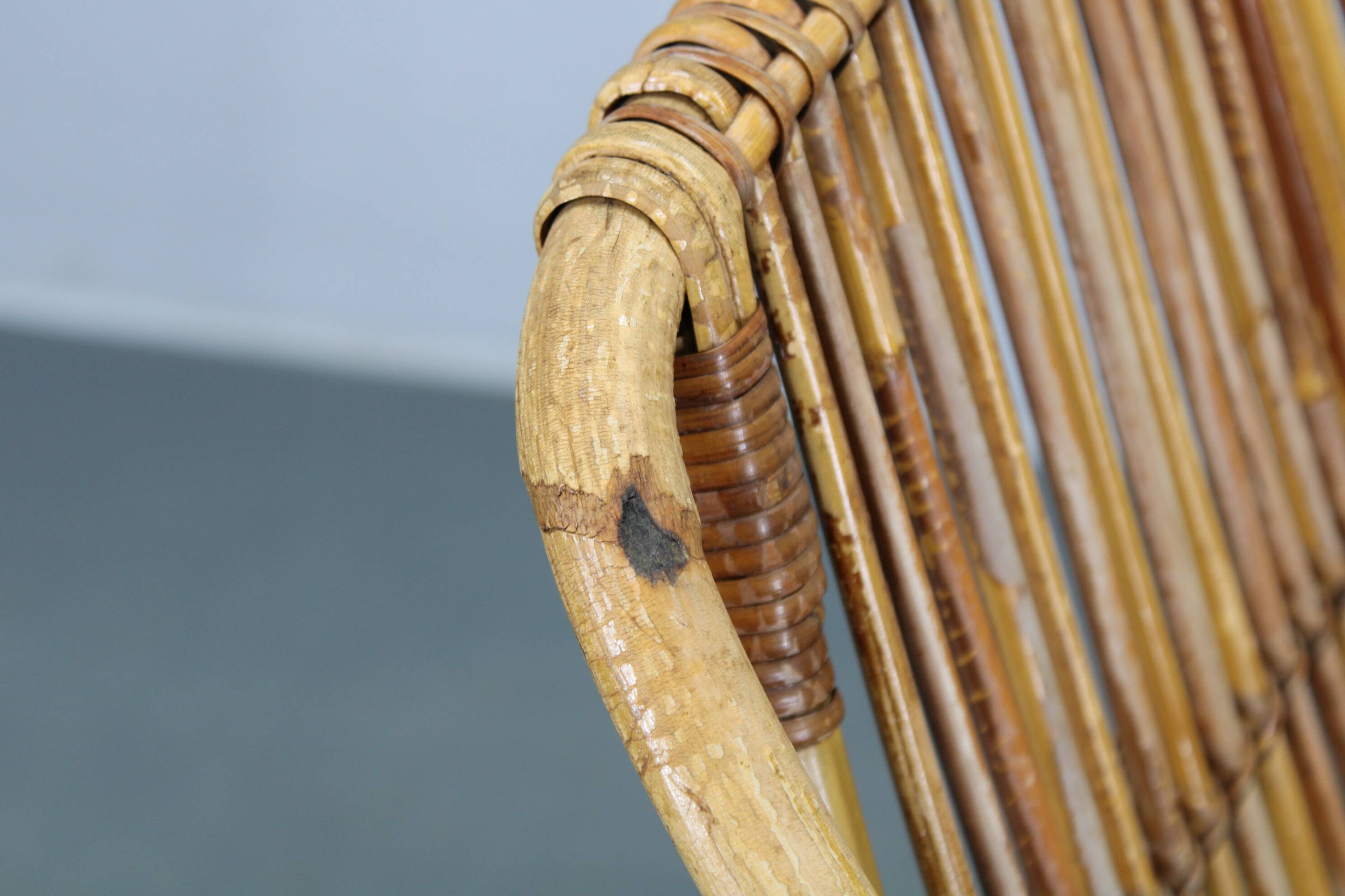 Rare pair of Alan Fuchs for ULUV rattan lounge chairs, Czechoslovakia, 1960s