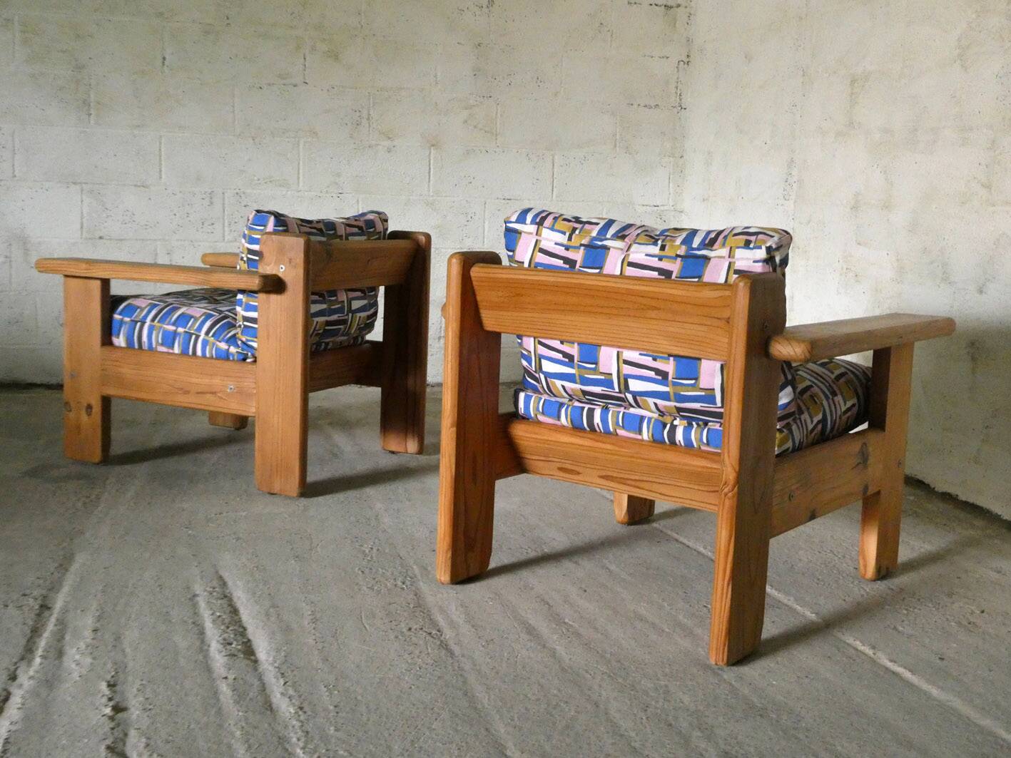 pair of pine armchairs, 1970